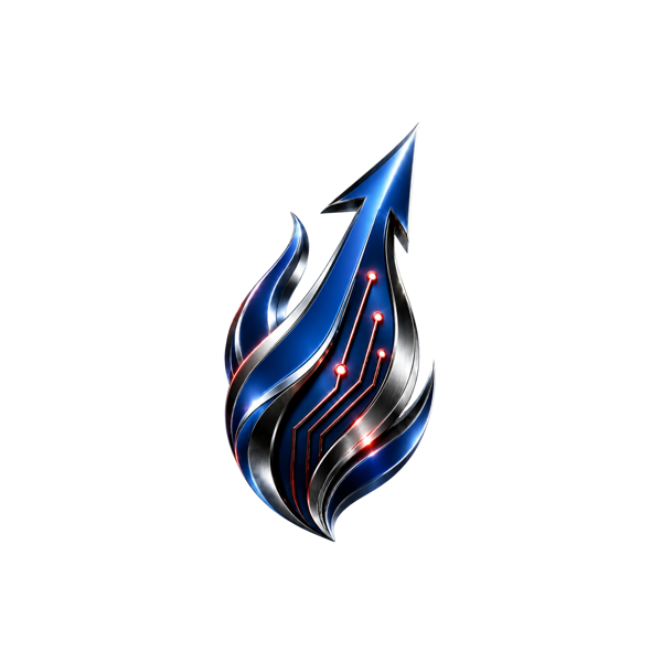 Upward arrow inside a flame motif with circuit traces, momentum and ambition
