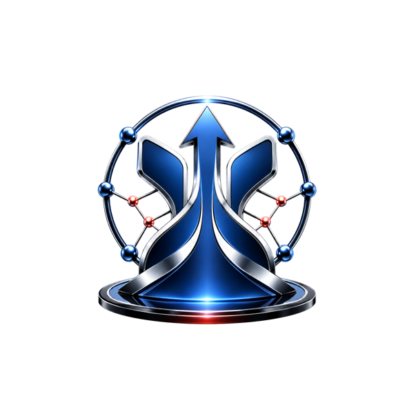 Triple upward arrow on a molecular pedestal, engineered, scaled, free of complexity