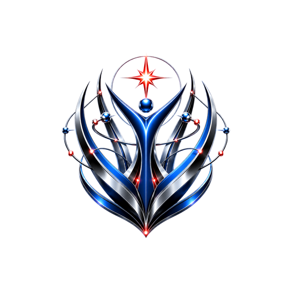 Metallic stylised human figure with orbiting atoms and a star - individuality, growth, transformation